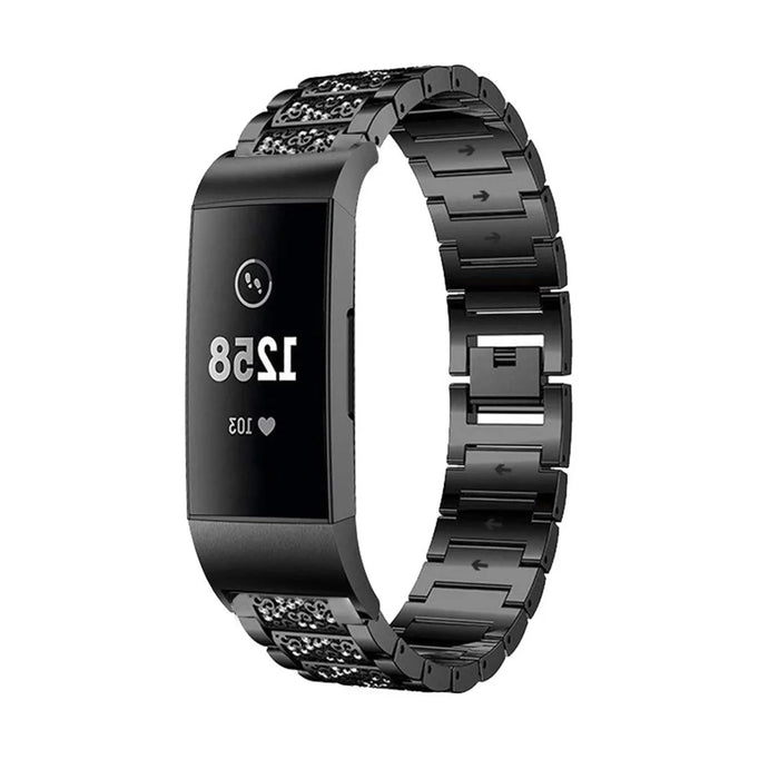 Rhinestone Stainless Steel Chain Watch Strap Replacement for Fitbit Charge 3/4 - Black - 2
