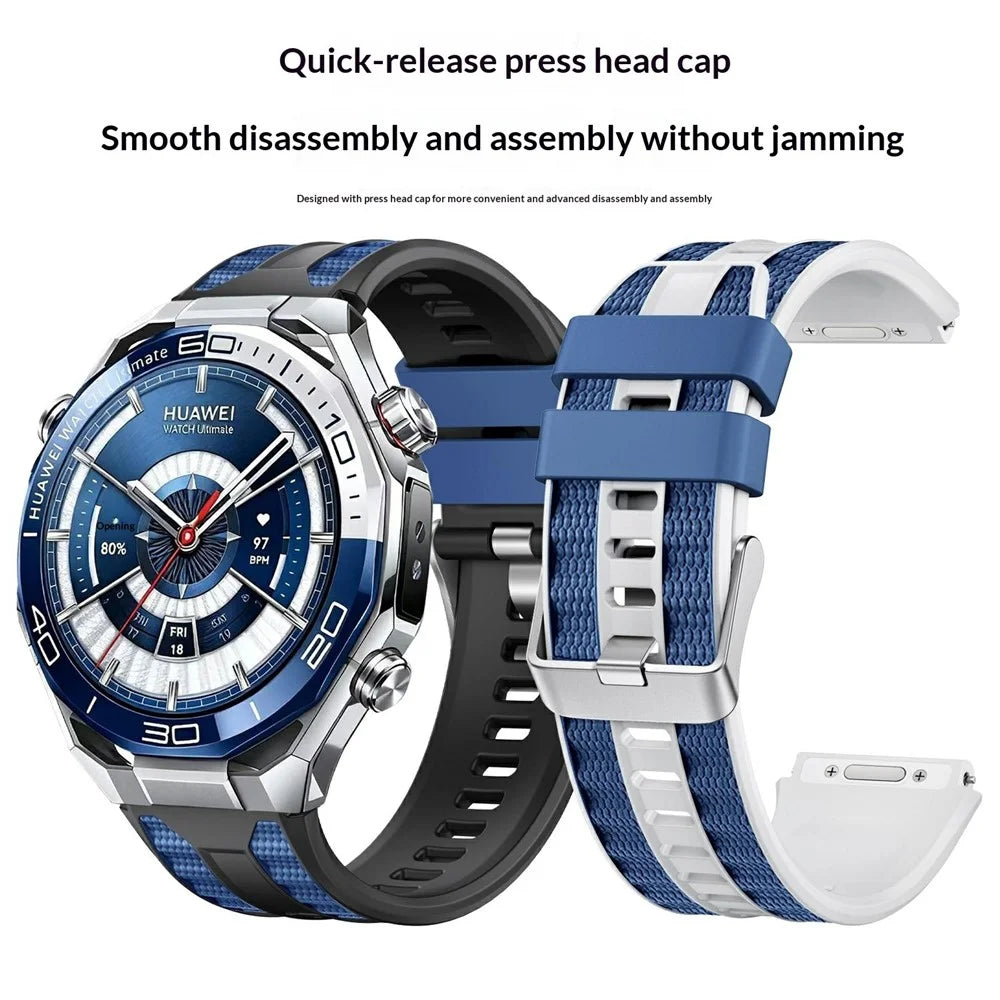 22mm Dual Color Quick Release Strap for Huawei Watch Ultimate 2  /  Ultimate Design  /  Ultimate  /  GT 6  /  5 46mm Silicone Watch Band with Silver Buckle - White / Blue - 6