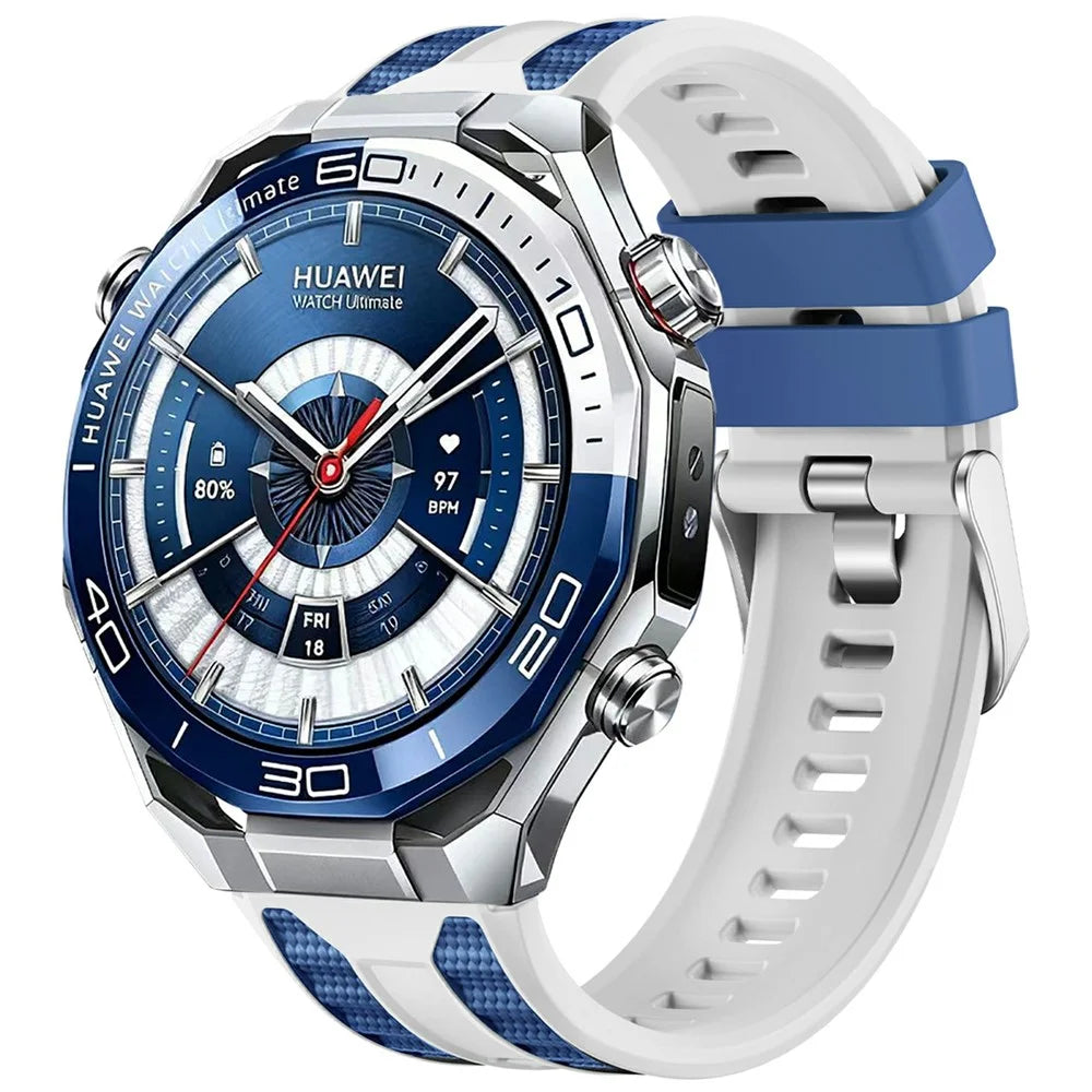 22mm Watch Band For Huawei Watch Ultimate 2 Silicone+Nylon Replacement Strap - White  /  Blue - 2