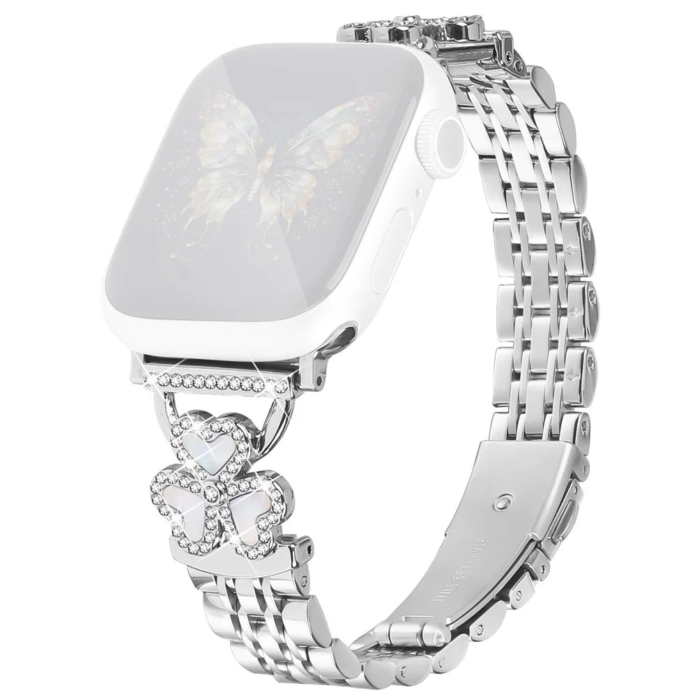 Silver Heart Clover Metal Band for Apple Watch Series 11 10 42mm  /  9 8 7 41mm  /  SE3 SE2 SE 6 5 4 40mm  /  3 2 1 38mm Watch Strap 7-Bead Shiny Design - 1