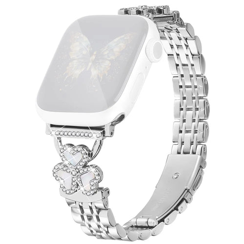 Silver Heart Clover Metal Band for Apple Watch Series 11 10 42mm  /  9 8 7 41mm  /  SE3 SE2 SE 6 5 4 40mm  /  3 2 1 38mm Watch Strap 7-Bead Shiny Design - 1