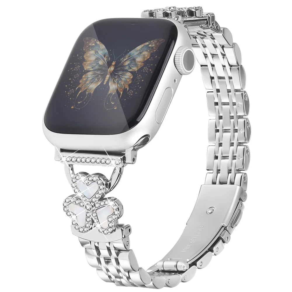 Silver Heart Clover Metal Band for Apple Watch Series 11 10 42mm  /  9 8 7 41mm  /  SE3 SE2 SE 6 5 4 40mm  /  3 2 1 38mm Watch Strap 7-Bead Shiny Design - 2