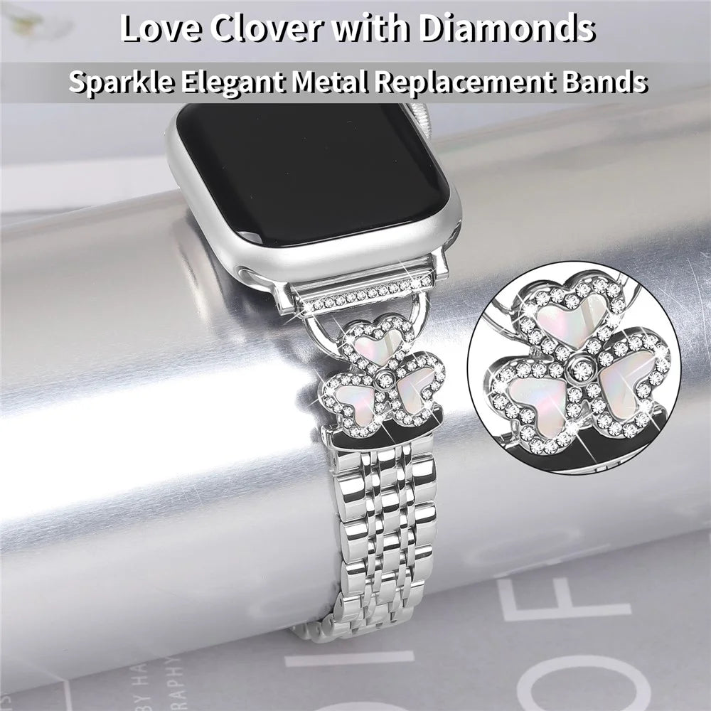 Silver Heart Clover Metal Band for Apple Watch Series 11 10 42mm  /  9 8 7 41mm  /  SE3 SE2 SE 6 5 4 40mm  /  3 2 1 38mm Watch Strap 7-Bead Shiny Design - 6