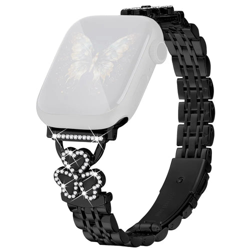 Electroplated Heart Clover Metal Band for Apple Watch Series 11 10 42mm  /  9 8 7 41mm  /  SE3 SE2 SE 6 5 4 40mm  /  3 2 1 38mm Watch Strap 7-Bead Shiny Design - Black+Black Shell - 1