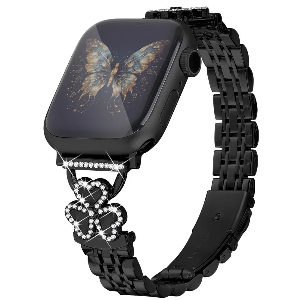 Electroplated Heart Clover Metal Band for Apple Watch Series 11 10 42mm  /  9 8 7 41mm  /  SE3 SE2 SE 6 5 4 40mm  /  3 2 1 38mm Watch Strap 7-Bead Shiny Design - Black+Black Shell - 2