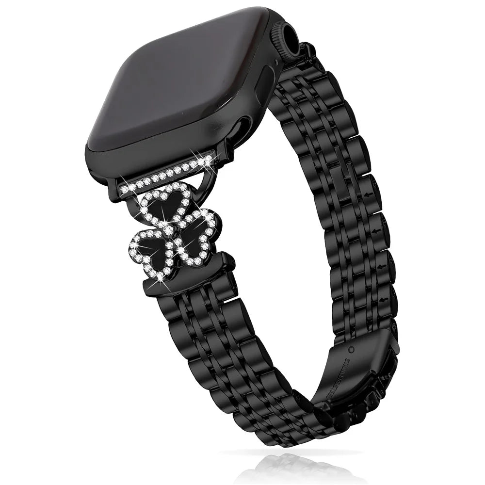 Electroplated Heart Clover Metal Band for Apple Watch Series 11 10 42mm  /  9 8 7 41mm  /  SE3 SE2 SE 6 5 4 40mm  /  3 2 1 38mm Watch Strap 7-Bead Shiny Design - Black+Black Shell - 3