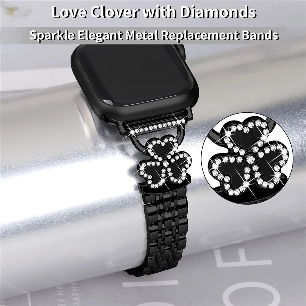 Electroplated Heart Clover Metal Band for Apple Watch Series 11 10 42mm  /  9 8 7 41mm  /  SE3 SE2 SE 6 5 4 40mm  /  3 2 1 38mm Watch Strap 7-Bead Shiny Design - Black+Black Shell - 5