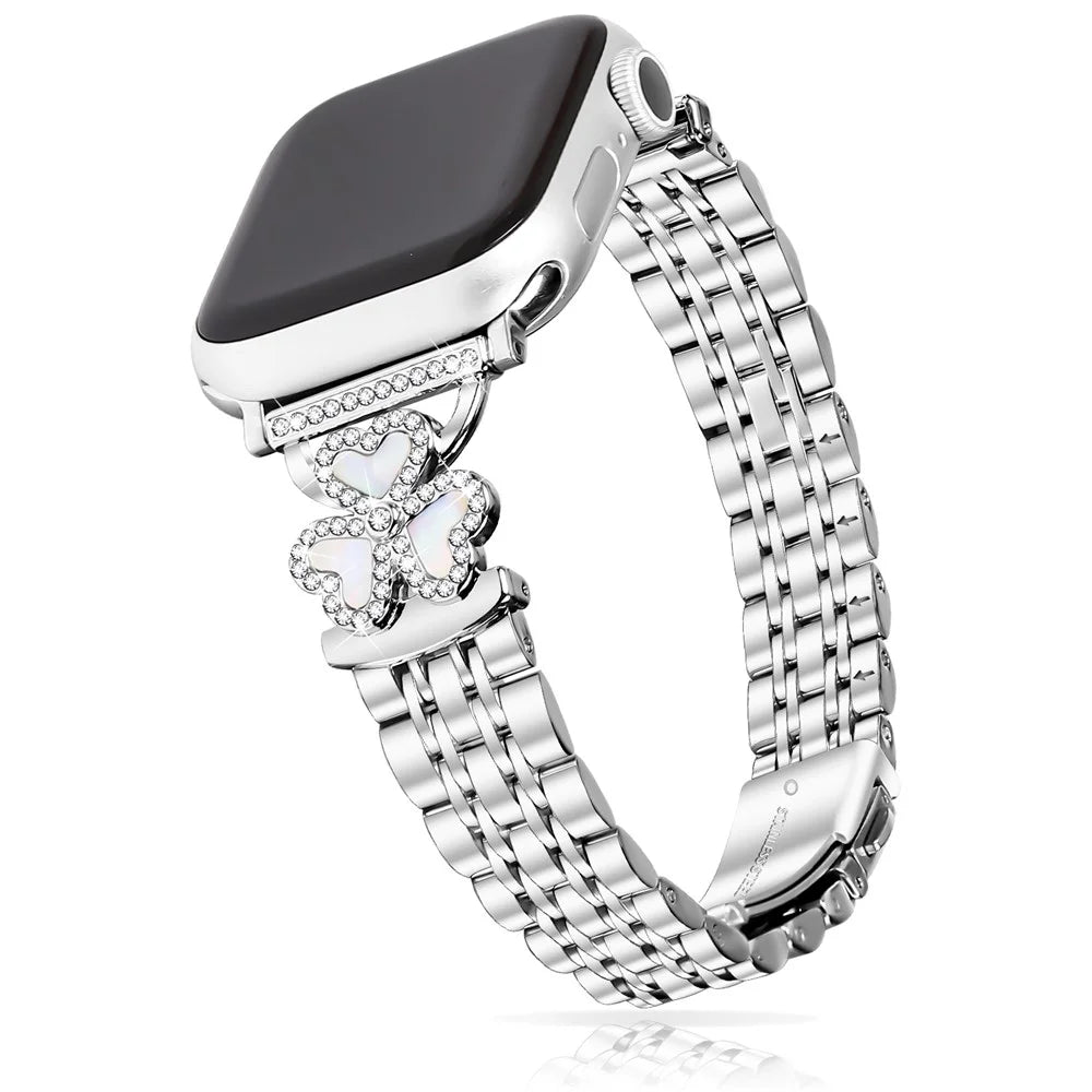 Silver Heart Clover Metal Band for Apple Watch Ultra 3 2 1 49mm  /  Series 11 10 46mm  /  9 8 7 45mm  /  SE3 SE2 SE 6 5 4 44mm  /  3 2 1 42mm Watch Strap 7-Bead Shiny Design - 3