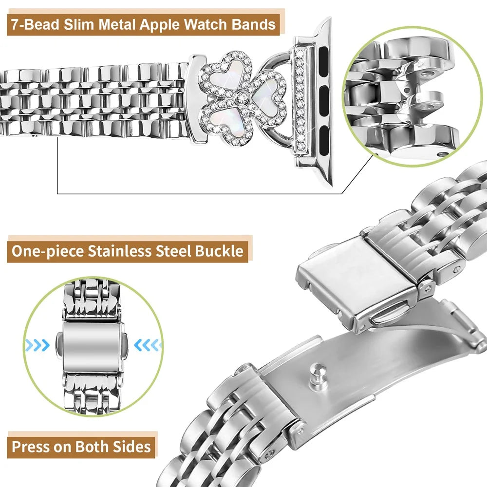 Silver Heart Clover Metal Band for Apple Watch Ultra 3 2 1 49mm  /  Series 11 10 46mm  /  9 8 7 45mm  /  SE3 SE2 SE 6 5 4 44mm  /  3 2 1 42mm Watch Strap 7-Bead Shiny Design - 4