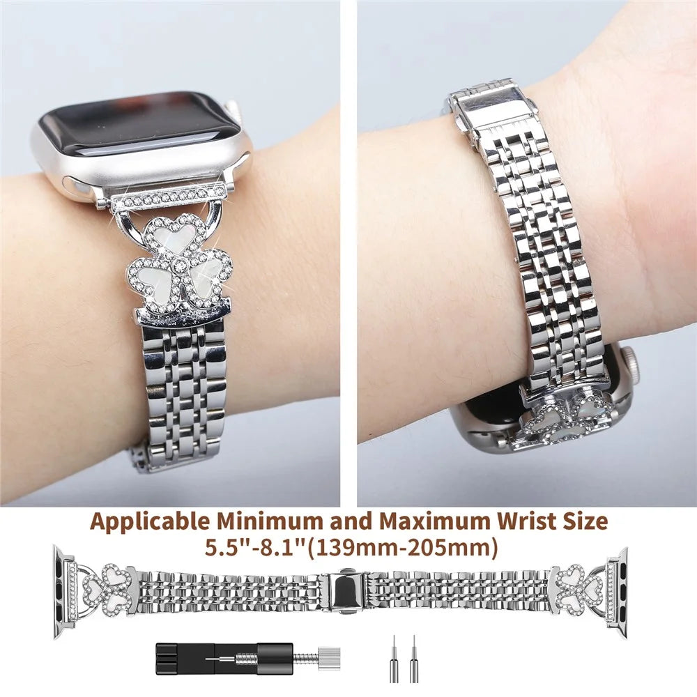 Silver Heart Clover Metal Band for Apple Watch Ultra 3 2 1 49mm  /  Series 11 10 46mm  /  9 8 7 45mm  /  SE3 SE2 SE 6 5 4 44mm  /  3 2 1 42mm Watch Strap 7-Bead Shiny Design - 5