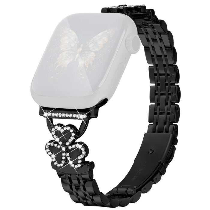Electroplated Heart Clover Metal Band for Apple Watch Ultra 3 2 1 49mm  /  Series 11 10 46mm  /  9 8 7 45mm  /  SE3 SE2 SE 6 5 4 44mm  /  3 2 1 42mm Watch Strap 7-Bead Shiny Design - Black+Black Shell - 1