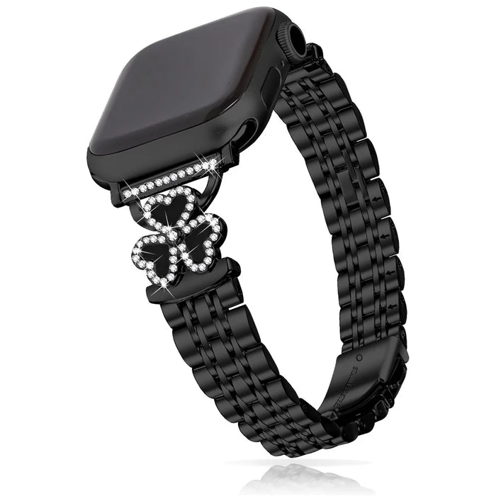 Electroplated Heart Clover Metal Band for Apple Watch Ultra 3 2 1 49mm  /  Series 11 10 46mm  /  9 8 7 45mm  /  SE3 SE2 SE 6 5 4 44mm  /  3 2 1 42mm Watch Strap 7-Bead Shiny Design - Black+Black Shell - 3