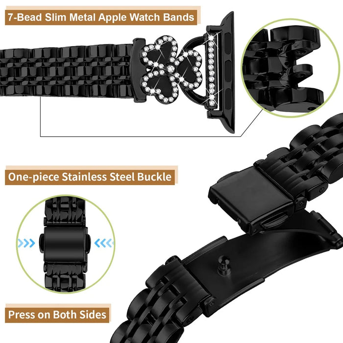 Electroplated Heart Clover Metal Band for Apple Watch Ultra 3 2 1 49mm  /  Series 11 10 46mm  /  9 8 7 45mm  /  SE3 SE2 SE 6 5 4 44mm  /  3 2 1 42mm Watch Strap 7-Bead Shiny Design - Black+Black Shell - 4