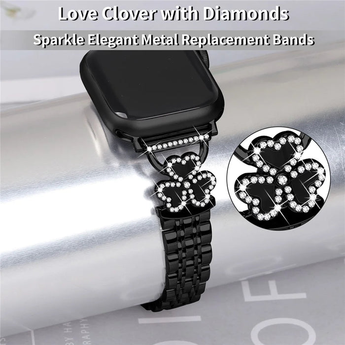 Electroplated Heart Clover Metal Band for Apple Watch Ultra 3 2 1 49mm  /  Series 11 10 46mm  /  9 8 7 45mm  /  SE3 SE2 SE 6 5 4 44mm  /  3 2 1 42mm Watch Strap 7-Bead Shiny Design - Black+Black Shell - 5