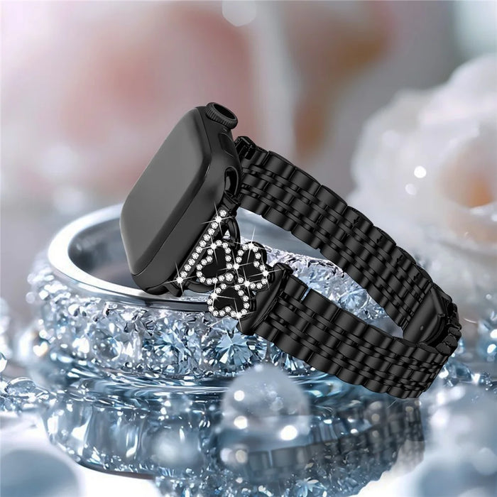 Electroplated Heart Clover Metal Band for Apple Watch Ultra 3 2 1 49mm  /  Series 11 10 46mm  /  9 8 7 45mm  /  SE3 SE2 SE 6 5 4 44mm  /  3 2 1 42mm Watch Strap 7-Bead Shiny Design - Black+Black Shell - 6