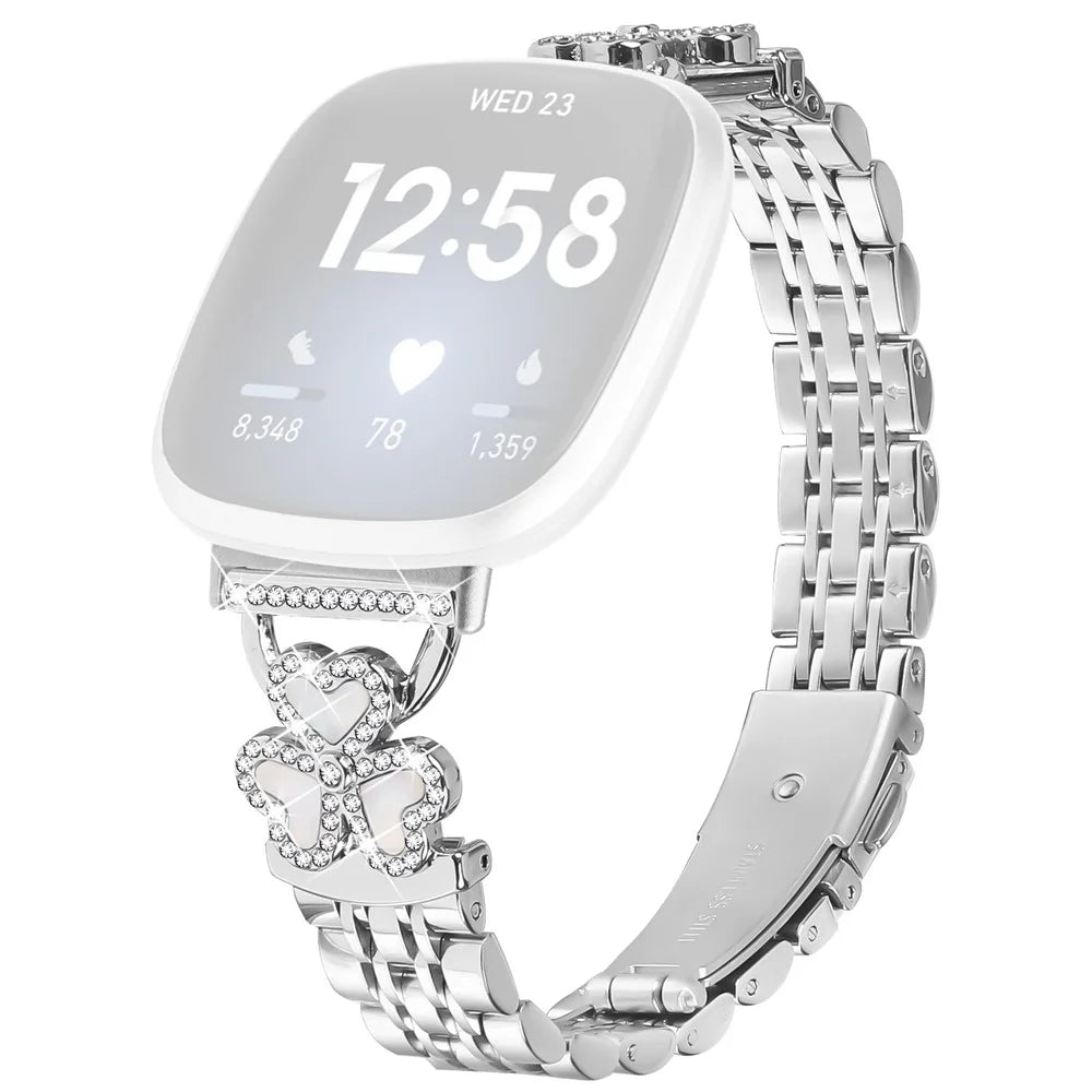 Silver Heart Clover Metal Band for Fitbit Versa 4 / 3 / Sense 2 Watch Strap 7-Bead Shiny Design - 1