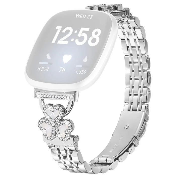 Silver Heart Clover Metal Band for Fitbit Versa 4 / 3 / Sense 2 Watch Strap 7-Bead Shiny Design - 1