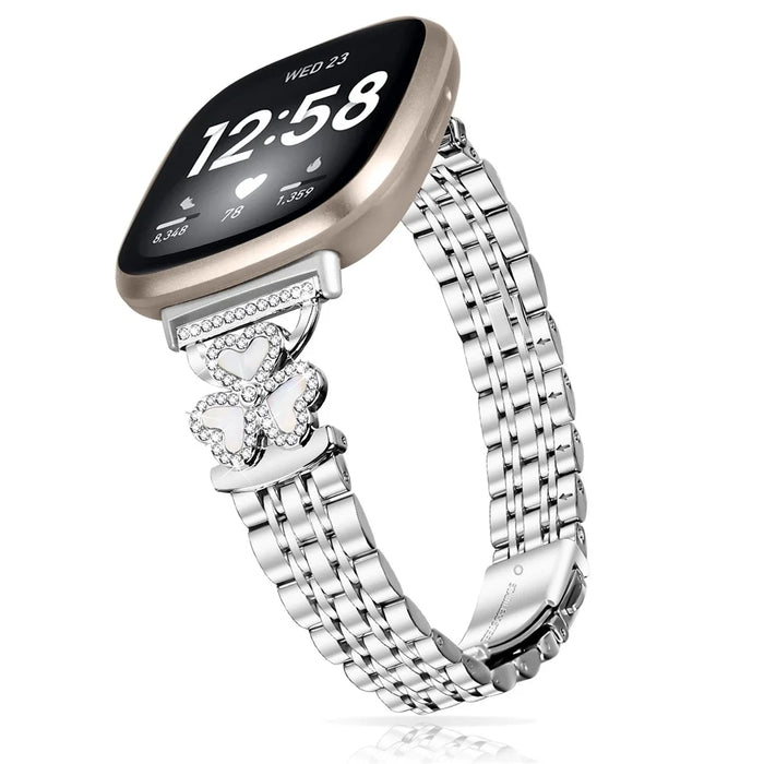 Silver Heart Clover Metal Band for Fitbit Versa 4 / 3 / Sense 2 Watch Strap 7-Bead Shiny Design - 3