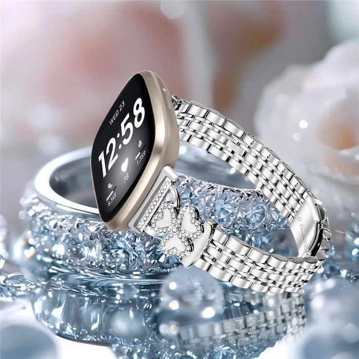 Silver Heart Clover Metal Band for Fitbit Versa 4 / 3 / Sense 2 Watch Strap 7-Bead Shiny Design - 5