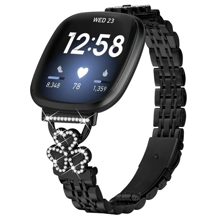 Electroplated Heart Clover Metal Band for Fitbit Versa 4 / 3 / Sense 2 Watch Strap 7-Bead Shiny Design - Black+Black Shell - 2