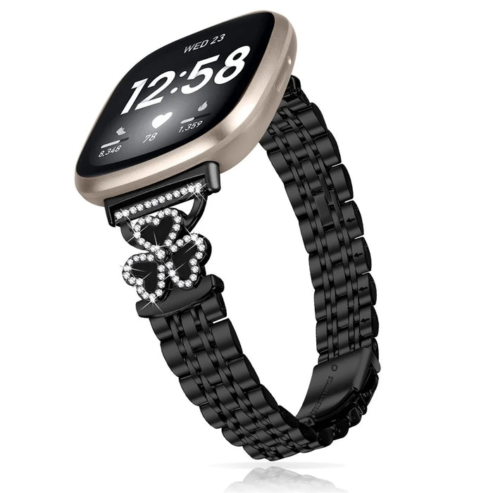 Electroplated Heart Clover Metal Band for Fitbit Versa 4 / 3 / Sense 2 Watch Strap 7-Bead Shiny Design - Black+Black Shell - 3