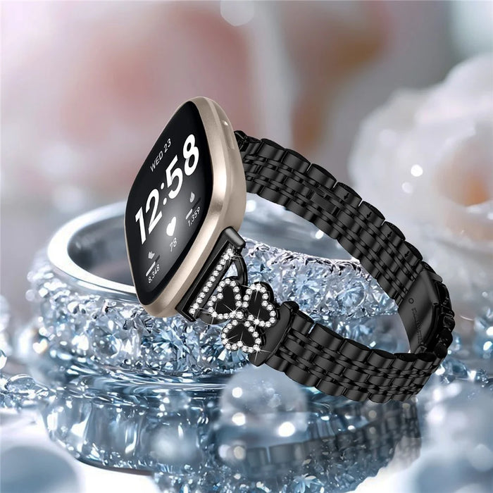 Electroplated Heart Clover Metal Band for Fitbit Versa 4 / 3 / Sense 2 Watch Strap 7-Bead Shiny Design - Black+Black Shell - 5