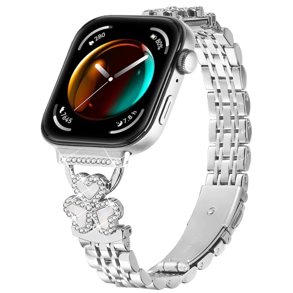 Silver Heart Clover Metal Band for Huawei Watch Fit 4 Pro / 4 / 3 Watch Strap 7-Bead Shiny Design - 2