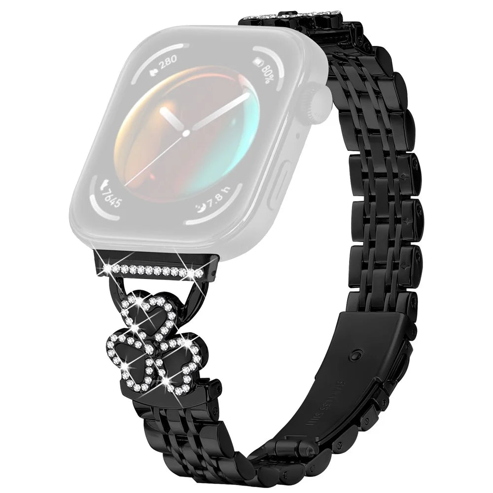 Electroplated Heart Clover Metal Band for Huawei Watch Fit 4 Pro / 4 / 3 Watch Strap 7-Bead Shiny Design - Black+Black Shell - 1