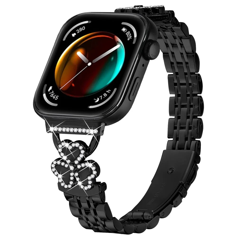 Electroplated Heart Clover Metal Band for Huawei Watch Fit 4 Pro / 4 / 3 Watch Strap 7-Bead Shiny Design - Black+Black Shell - 2