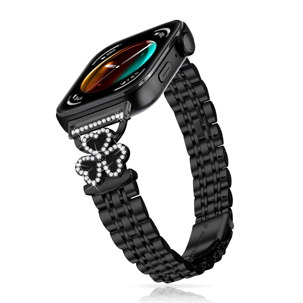 Electroplated Heart Clover Metal Band for Huawei Watch Fit 4 Pro / 4 / 3 Watch Strap 7-Bead Shiny Design - Black+Black Shell - 3