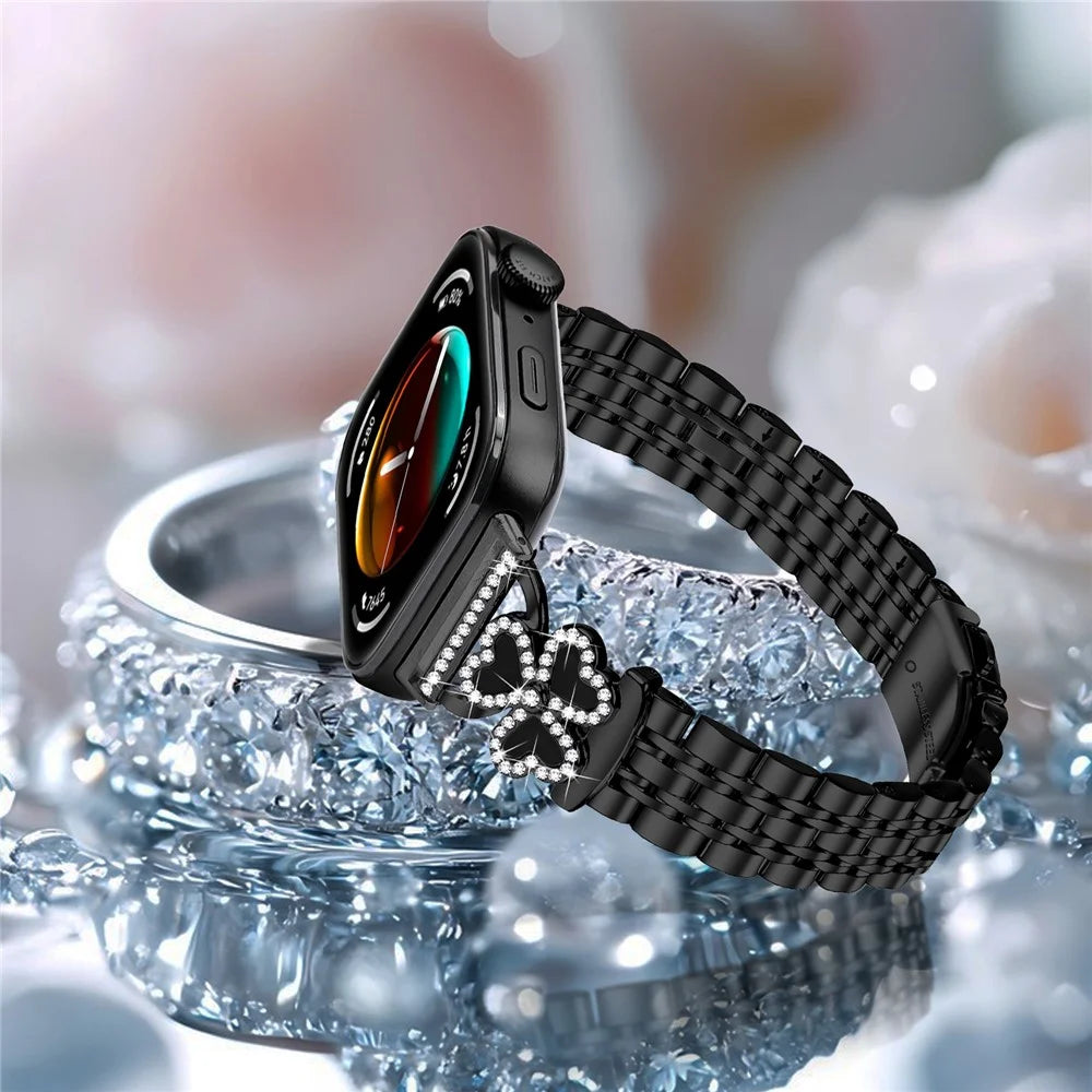 Electroplated Heart Clover Metal Band for Huawei Watch Fit 4 Pro / 4 / 3 Watch Strap 7-Bead Shiny Design - Black+Black Shell - 5