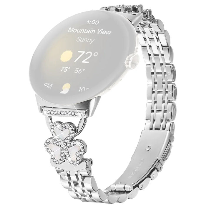 Silver Heart Clover Metal Band for Google Pixel Watch 4 41mm / Watch 3 41mm / Watch 2 / Watch 7-Bead Shiny Design - 1