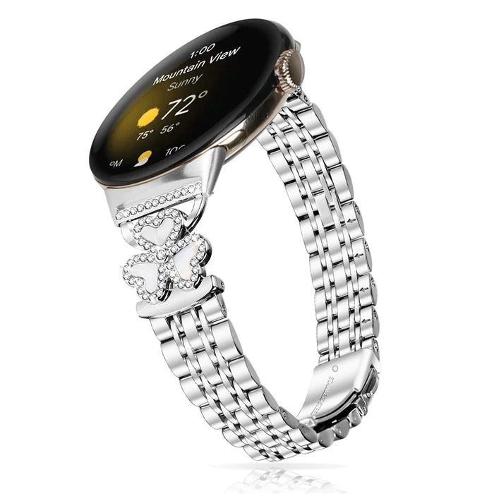 Silver Heart Clover Metal Band for Google Pixel Watch 4 41mm / Watch 3 41mm / Watch 2 / Watch 7-Bead Shiny Design - 3