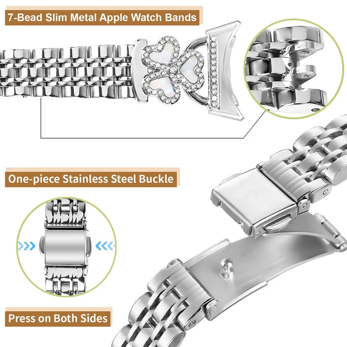 Silver Heart Clover Metal Band for Google Pixel Watch 4 41mm / Watch 3 41mm / Watch 2 / Watch 7-Bead Shiny Design - 4