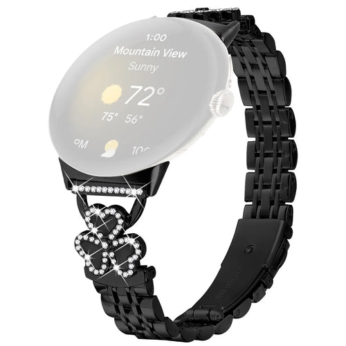 Electroplated Heart Clover Metal Band for Google Pixel Watch 4 41mm / Watch 3 41mm / Watch 2 / Watch 7-Bead Shiny Design Strap - Black+Black Shell - 1