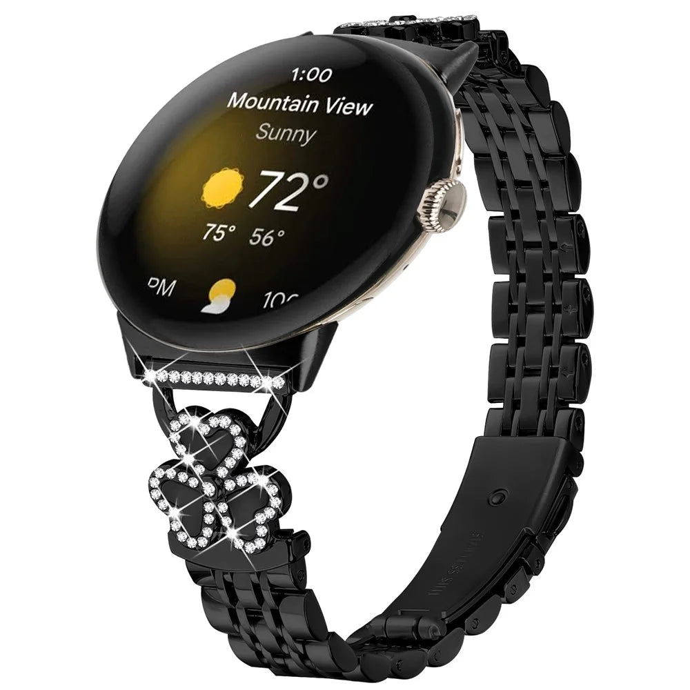 Electroplated Heart Clover Metal Band for Google Pixel Watch 4 41mm / Watch 3 41mm / Watch 2 / Watch 7-Bead Shiny Design Strap - Black+Black Shell - 2