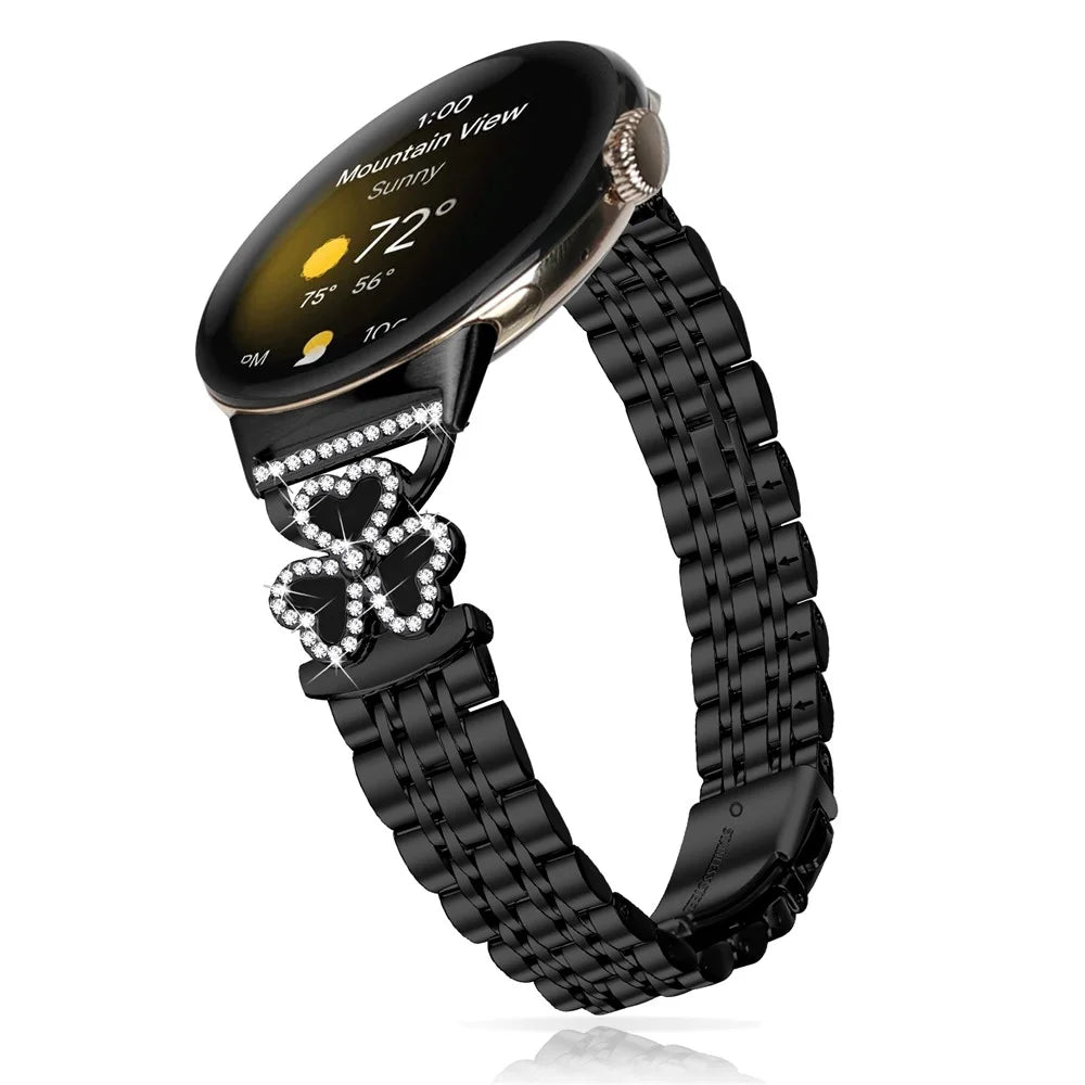 Electroplated Heart Clover Metal Band for Google Pixel Watch 4 41mm / Watch 3 41mm / Watch 2 / Watch 7-Bead Shiny Design Strap - Black+Black Shell - 3