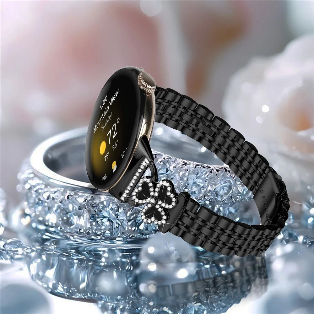 Electroplated Heart Clover Metal Band for Google Pixel Watch 4 41mm / Watch 3 41mm / Watch 2 / Watch 7-Bead Shiny Design Strap - Black+Black Shell - 5