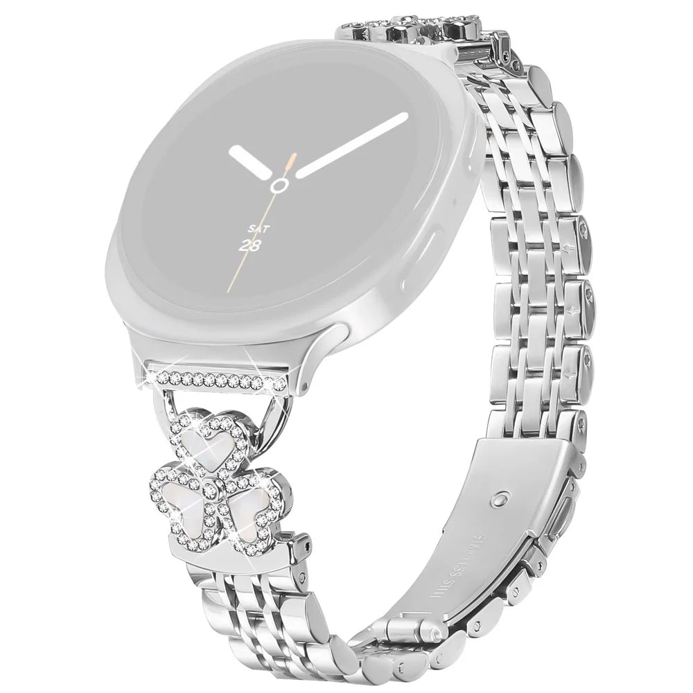 Silver Heart Clover Metal Band for Samsung Galaxy Watch8 44mm / 40mm / 8 Classic 46mm Watch Strap 7-Bead Shiny Design - 1