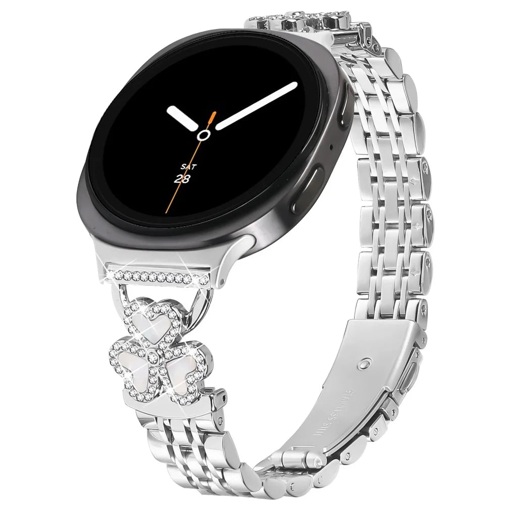Silver Heart Clover Metal Band for Samsung Galaxy Watch8 44mm / 40mm / 8 Classic 46mm Watch Strap 7-Bead Shiny Design - 2