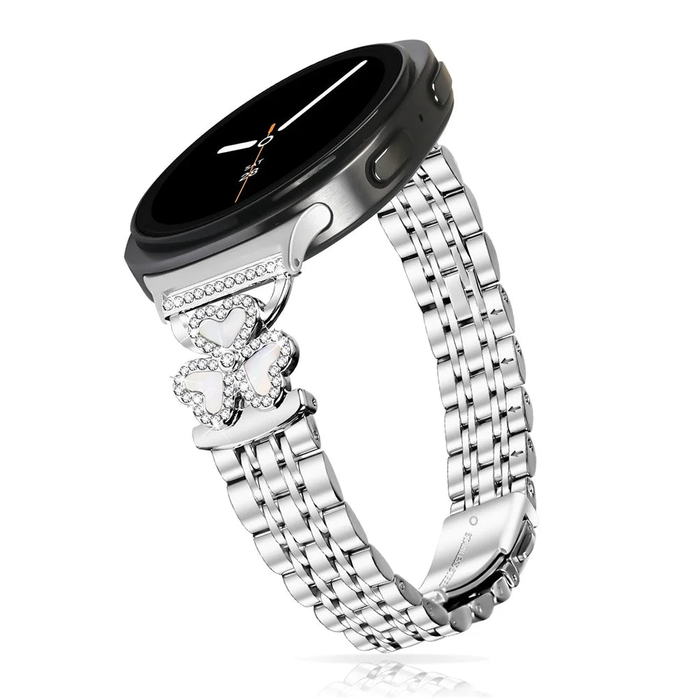 Silver Heart Clover Metal Band for Samsung Galaxy Watch8 44mm / 40mm / 8 Classic 46mm Watch Strap 7-Bead Shiny Design - 3