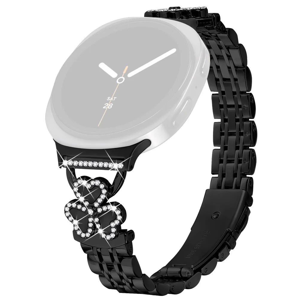 Electroplated Heart Clover Metal Band for Samsung Galaxy Watch8 44mm / 40mm / 8 Classic 46mm Watch Strap 7-Bead Shiny Design - Black+Black Shell - 1