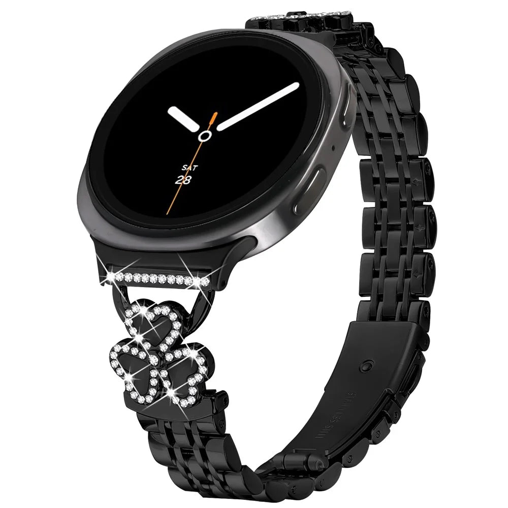 Electroplated Heart Clover Metal Band for Samsung Galaxy Watch8 44mm / 40mm / 8 Classic 46mm Watch Strap 7-Bead Shiny Design - Black+Black Shell - 2