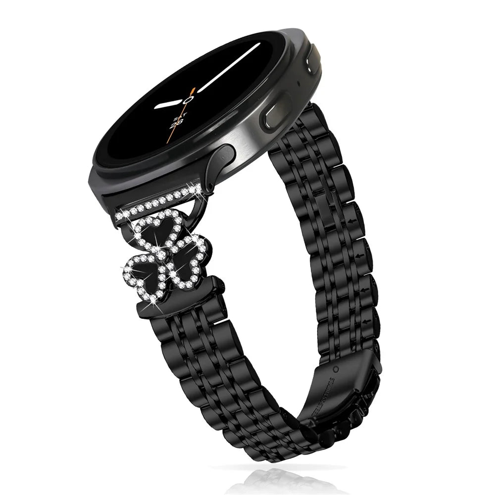 Electroplated Heart Clover Metal Band for Samsung Galaxy Watch8 44mm / 40mm / 8 Classic 46mm Watch Strap 7-Bead Shiny Design - Black+Black Shell - 3