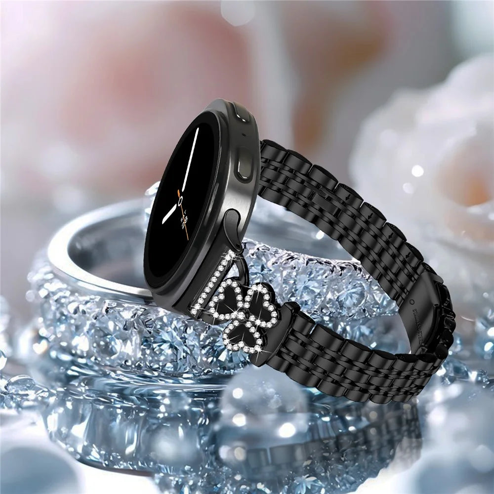 Electroplated Heart Clover Metal Band for Samsung Galaxy Watch8 44mm / 40mm / 8 Classic 46mm Watch Strap 7-Bead Shiny Design - Black+Black Shell - 5