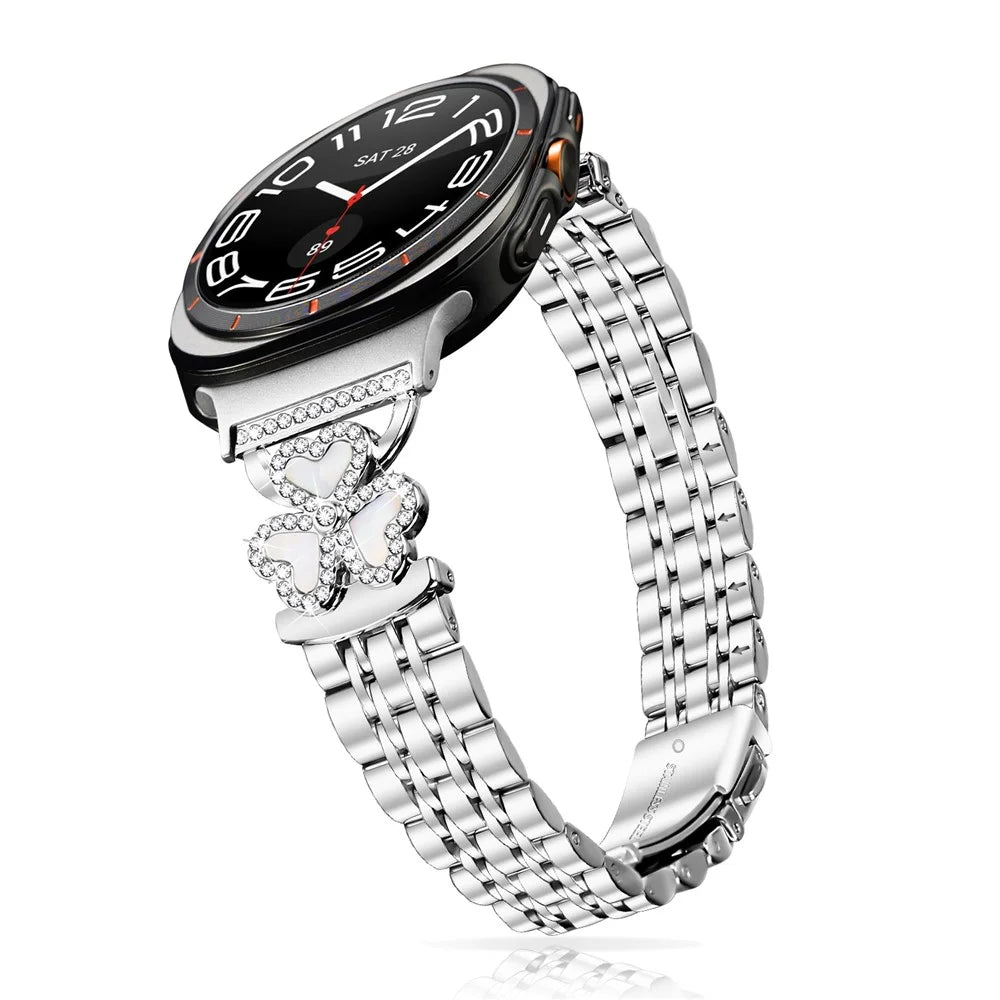 Silver Heart Clover Metal Band for Samsung Galaxy Watch Ultra2 47mm / Watch Ultra (2025) 47mm / Watch Ultra 47mm Watch Strap 7-Bead Shiny Design - 3