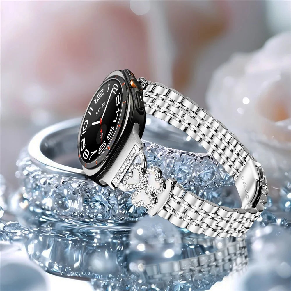 Silver Heart Clover Metal Band for Samsung Galaxy Watch Ultra2 47mm / Watch Ultra (2025) 47mm / Watch Ultra 47mm Watch Strap 7-Bead Shiny Design - 5