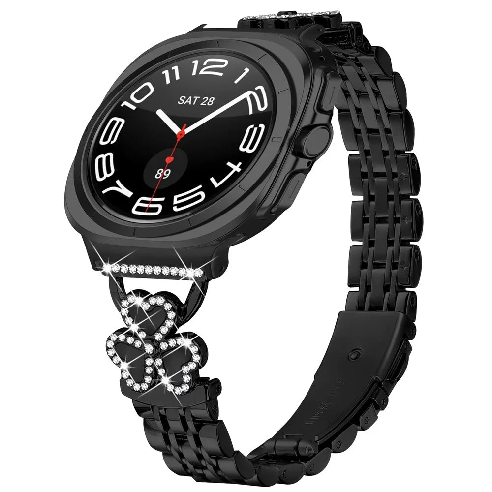 Electroplated Heart Clover Metal Band for Samsung Galaxy Watch Ultra2 47mm / Watch Ultra (2025) 47mm / Watch Ultra 47mm Watch Strap 7-Bead Shiny Design - Black+Black Shell - 2