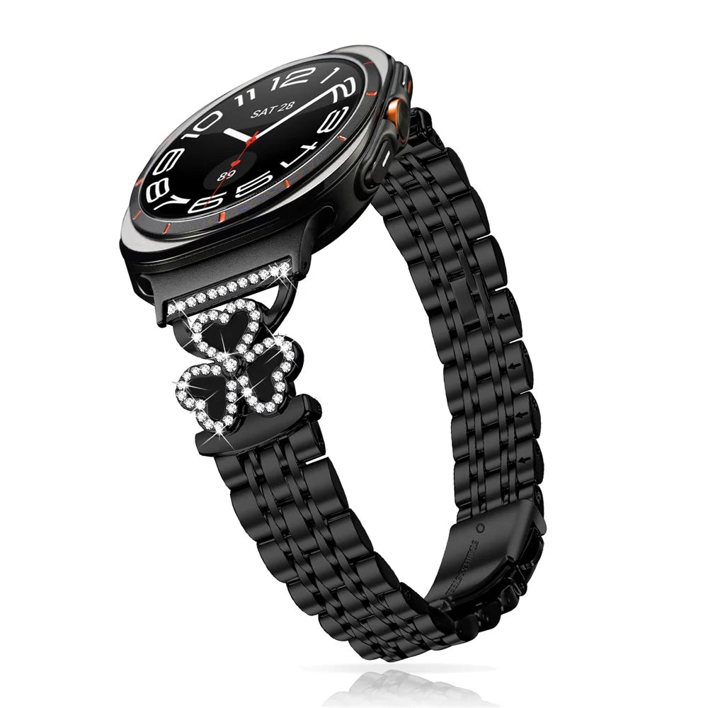 Electroplated Heart Clover Metal Band for Samsung Galaxy Watch Ultra2 47mm / Watch Ultra (2025) 47mm / Watch Ultra 47mm Watch Strap 7-Bead Shiny Design - Black+Black Shell - 3