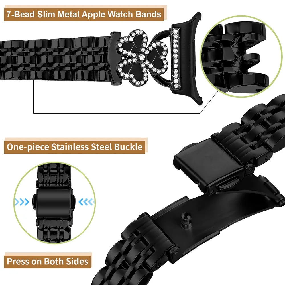 Electroplated Heart Clover Metal Band for Samsung Galaxy Watch Ultra2 47mm / Watch Ultra (2025) 47mm / Watch Ultra 47mm Watch Strap 7-Bead Shiny Design - Black+Black Shell - 4